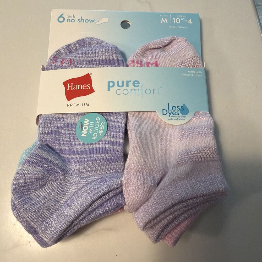 Hanes Premium Pure Comfort Girls No Show Socks 6 Pairs Medium Show Size 10.5-4